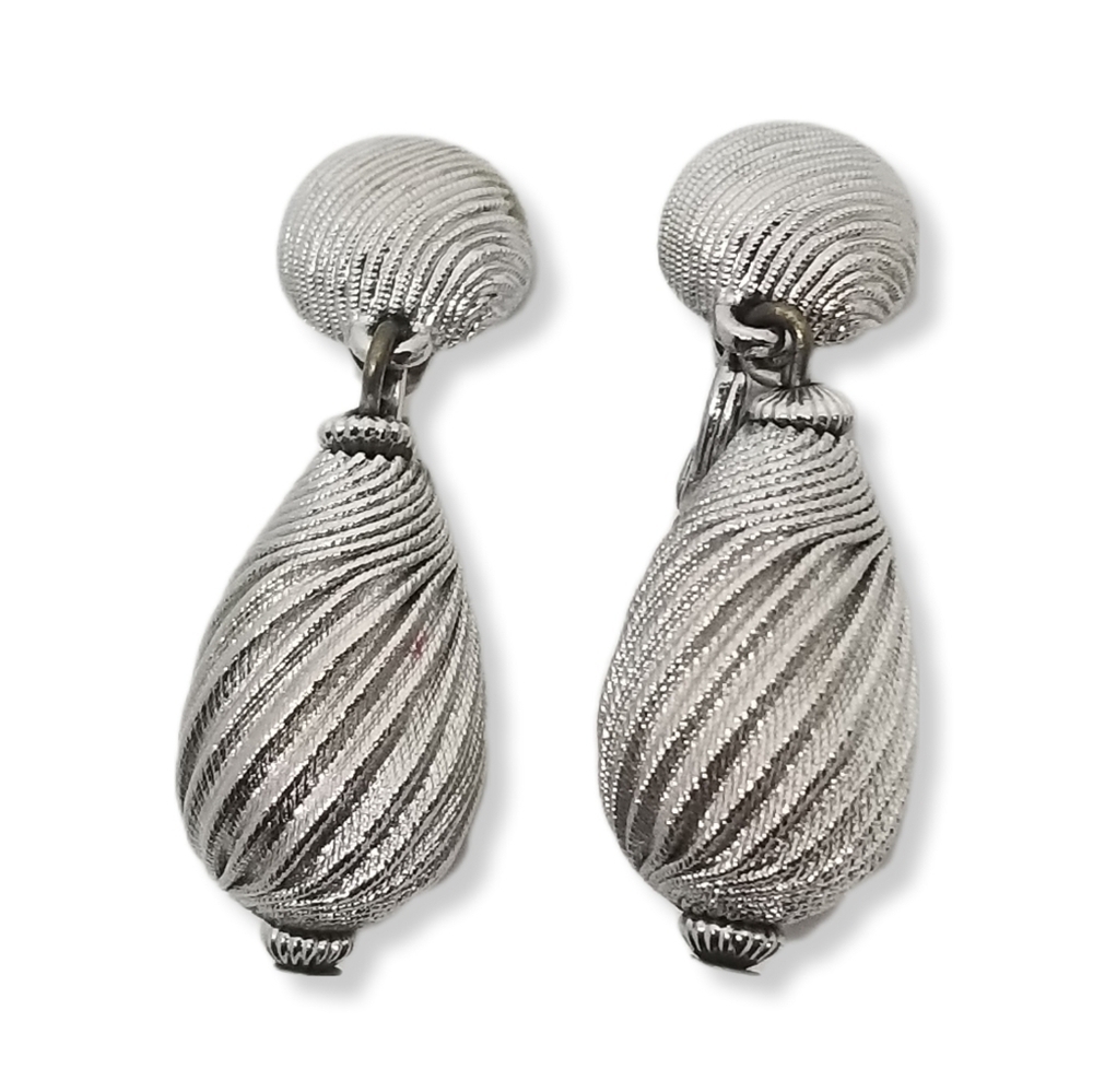 Vintage Monet Silvertone Textured Swirl Teardrop Dangle Clip-On Earrings - Picture 3 of 7